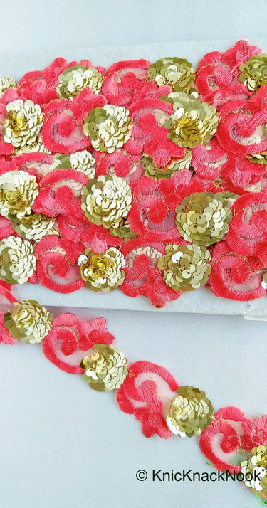 Red Lace Trim, Tissue Fabric Cutwork With Floral Embroidery & Gold Sequins,